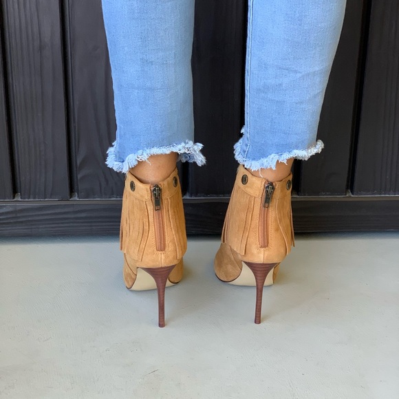 Tan Suede Leather High Heel Fringe Booties - Picture 3 of 8